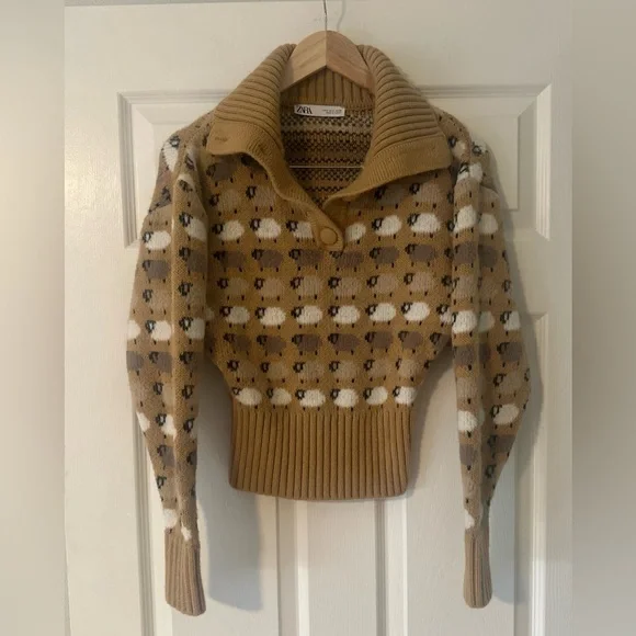 Women’s ZARA Sweater Pullover Sheep 1/4 Button Turtleneck Cozy Knit Small. - Picture 2 of 6